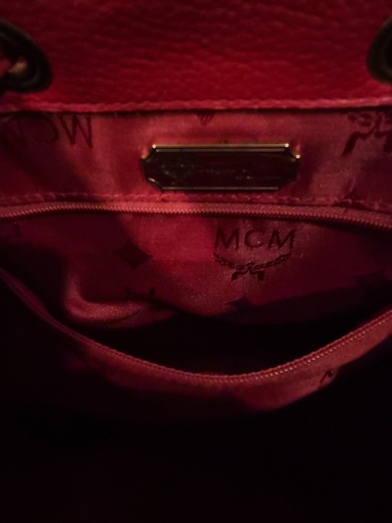 MCM Red Leather Drawstring Backpack with Gold Hardware